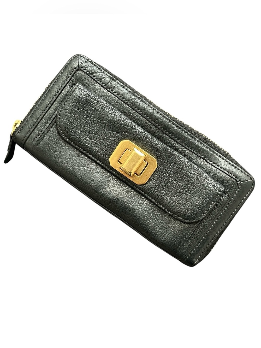 Juicy Couture Black VTG Textured Buffalo Leather Gold Turn Lock Zip Long Wallet